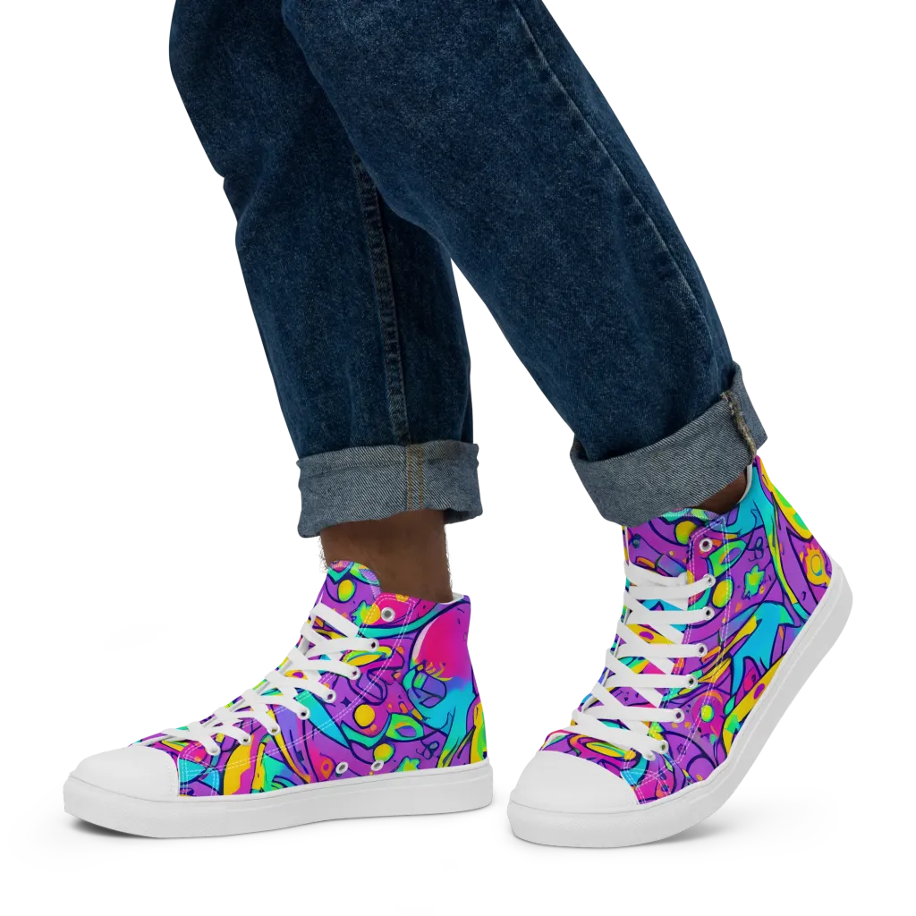 Neon Galaxy Whirl on Men's High Top Canvas Shoes — Left