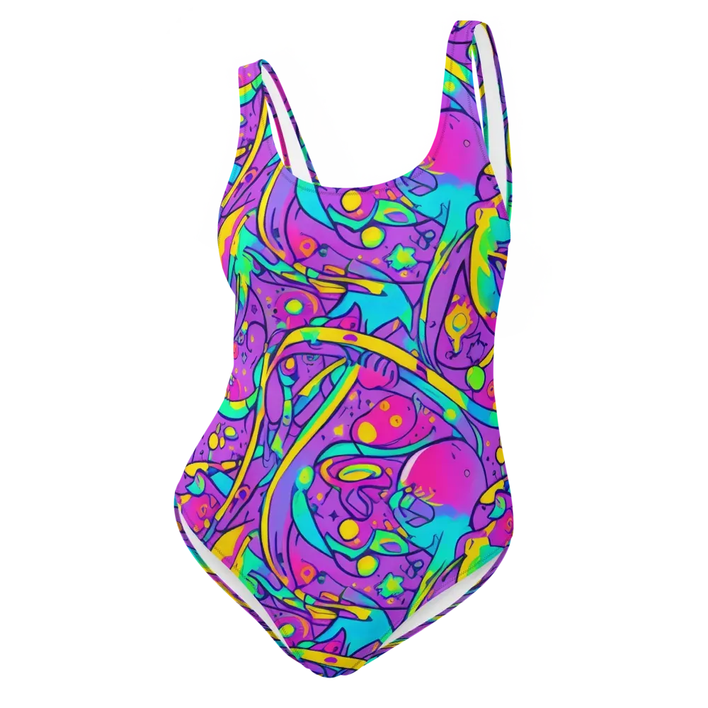 Neon Galaxy Whirl on One-Piece Swimsuit — Front