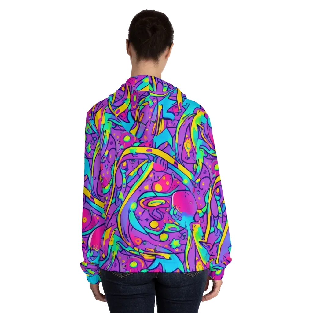 Neon Galaxy Whirl on Women's Full-Zip Hoodie — Back On Person