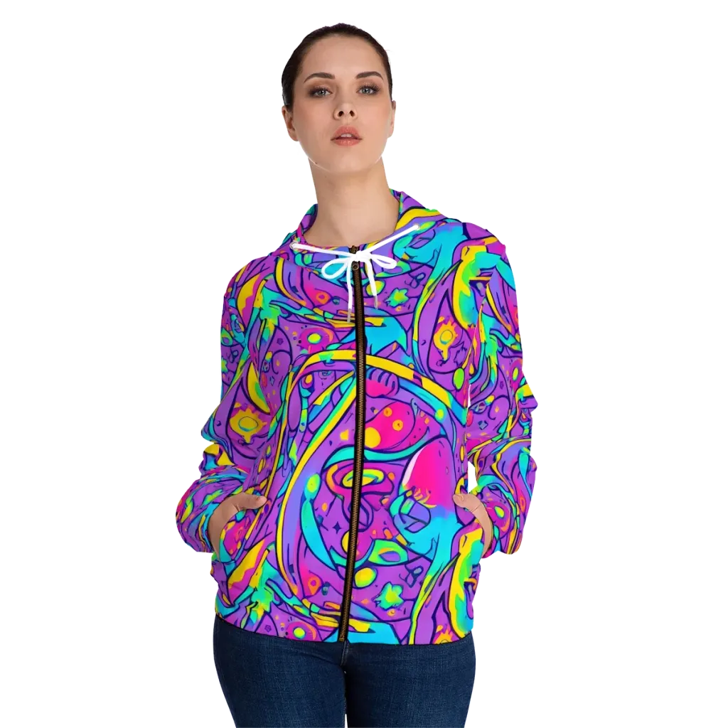 Neon Galaxy Whirl on Women's Full-Zip Hoodie — Front On Person