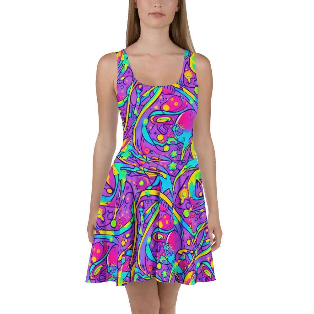 Neon Galaxy Whirl on Skater Dress — Front
