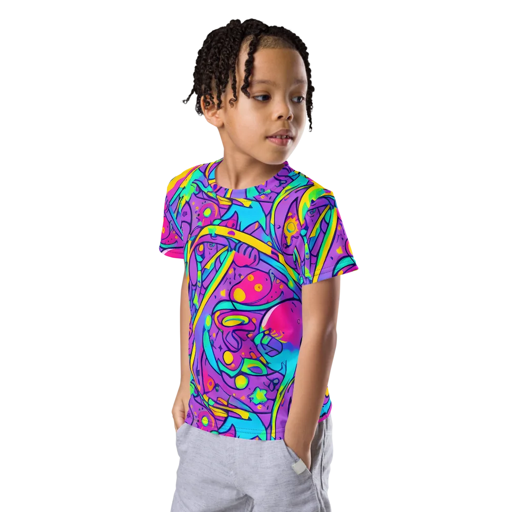 Neon Galaxy Whirl on Kids Crew Neck T-Shirt — Left Front