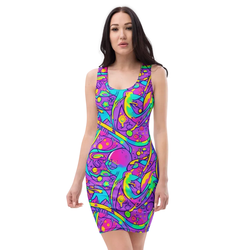 Neon Galaxy Whirl on Bodycon Dress — Front