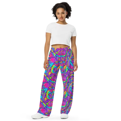 Neon Galaxy Whirl on a Wide-Leg Pants