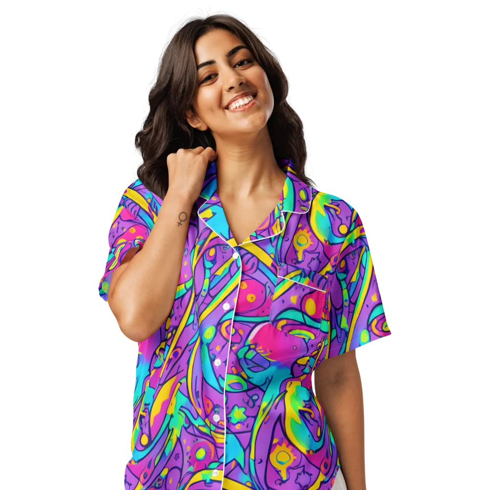 Neon Galaxy Whirl on Women's Short Sleeve Pajama Top — Front