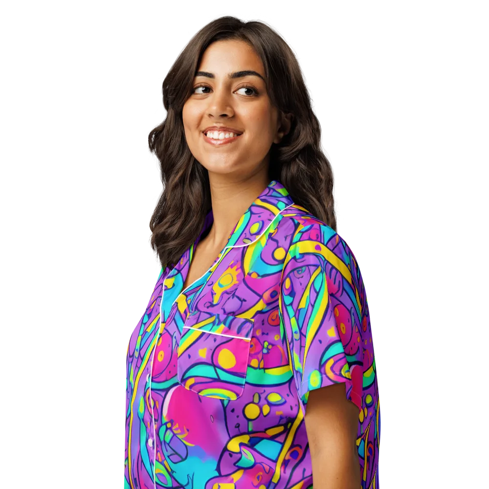 Neon Galaxy Whirl on Women's Short Sleeve Pajama Top — Left Front