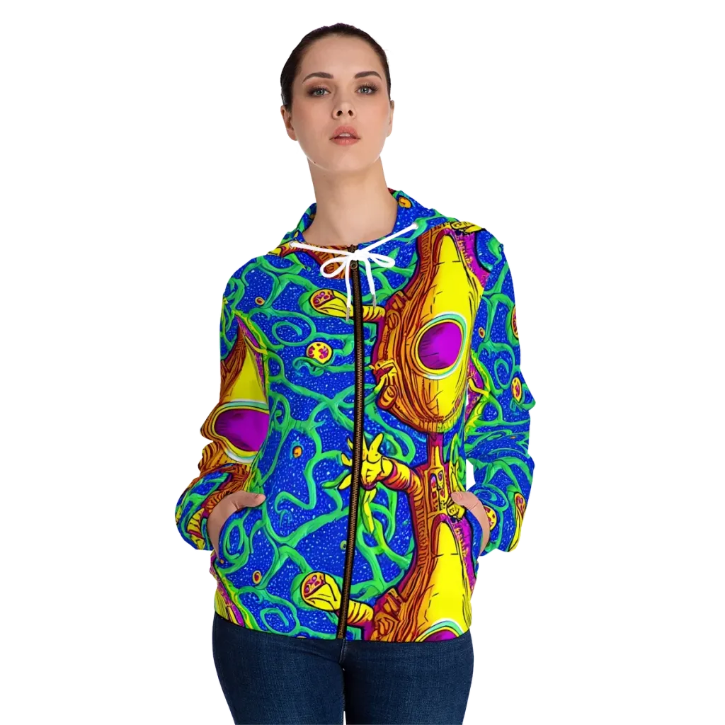 Sprawling Spectacle on Women's Full-Zip Hoodie — Front On Person