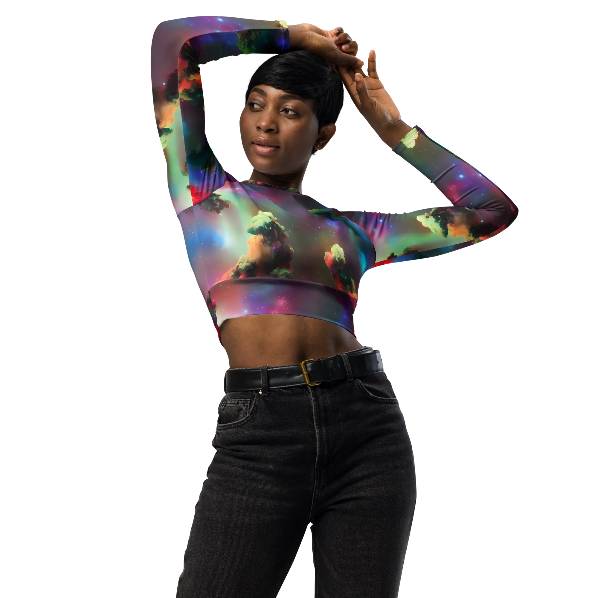 Nebula Dreams on Long Sleeve Crop Top — Front