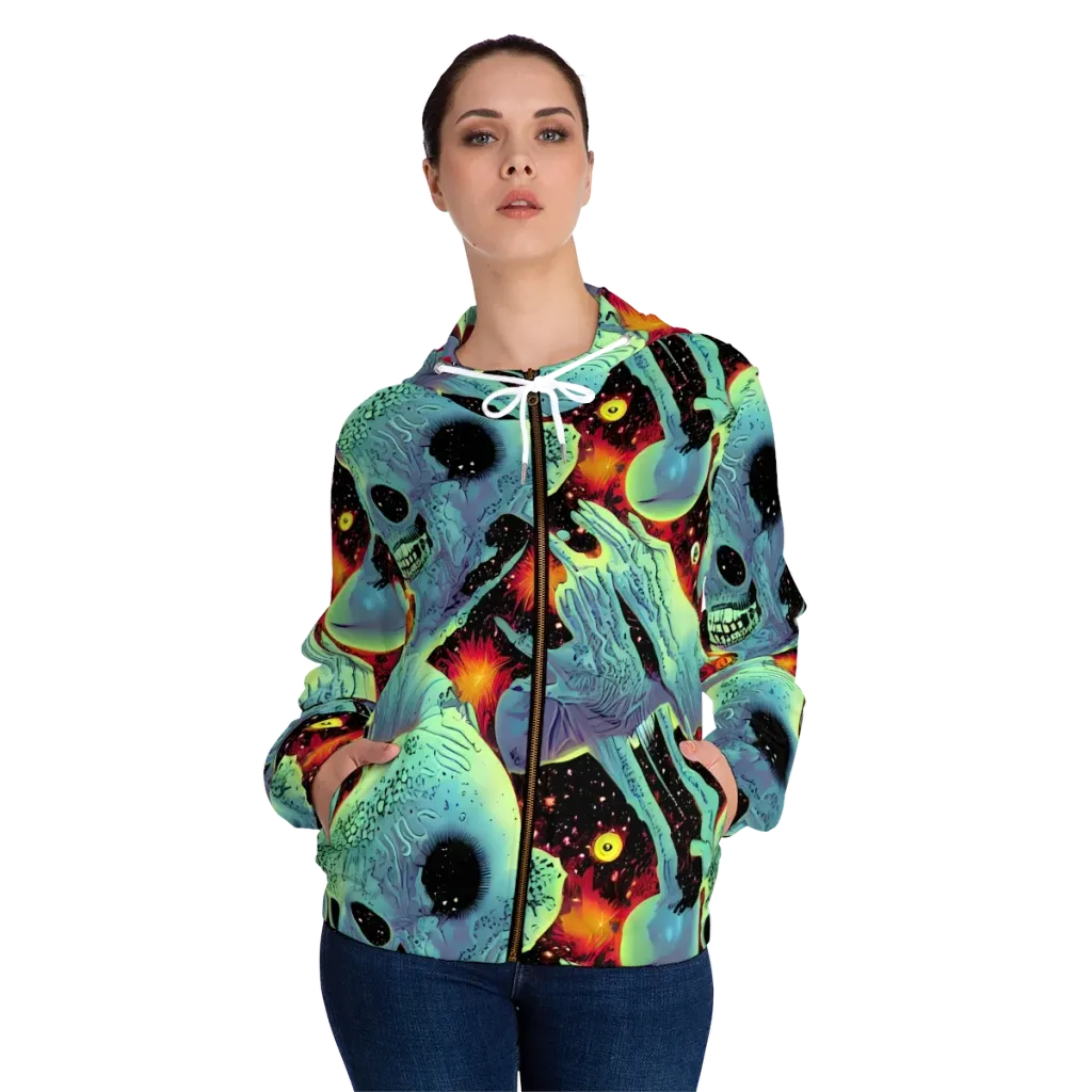 Galactic Grotesque on Women's Full-Zip Hoodie — Front On Person