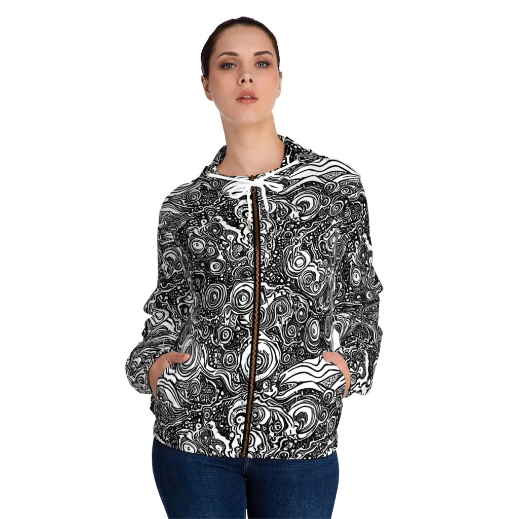 Swirling Stories on Women's Full-Zip Hoodie — Front On Person