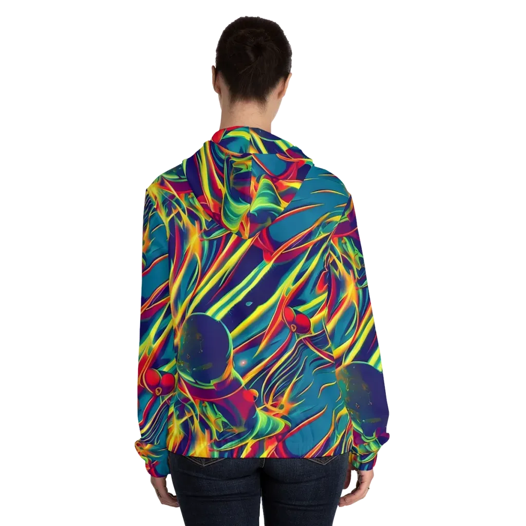 Cosmic Inferno on Women's Full-Zip Hoodie — Back On Person