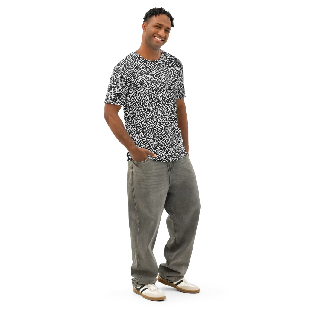 Monochrome Doodles on Men's Cotton Crew Neck T-Shirt — Right Front