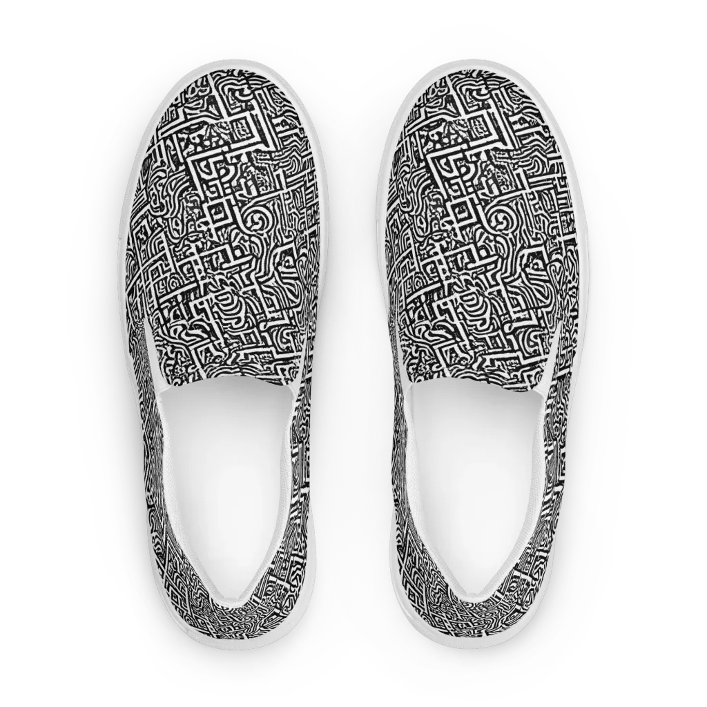 Monochrome Doodles on Men's Slip-On Canvas Shoes — Front