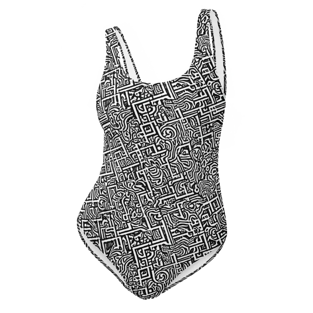 Monochrome Doodles on One-Piece Swimsuit — Front