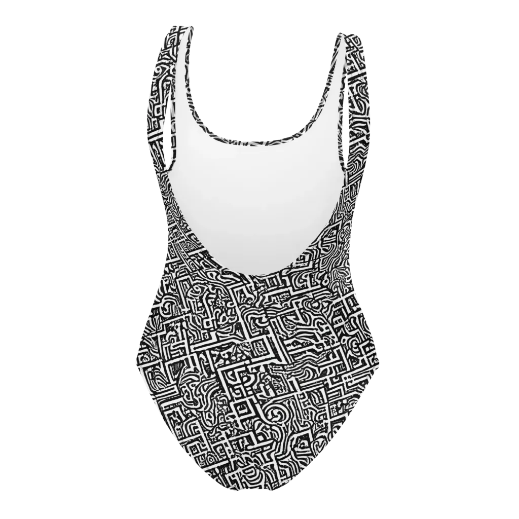 Monochrome Doodles on One-Piece Swimsuit — Back