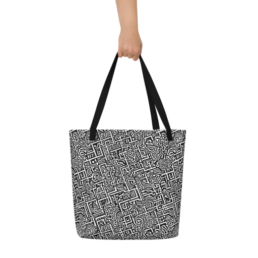 Monochrome Doodles on a Large Tote Bag W/ Pocket