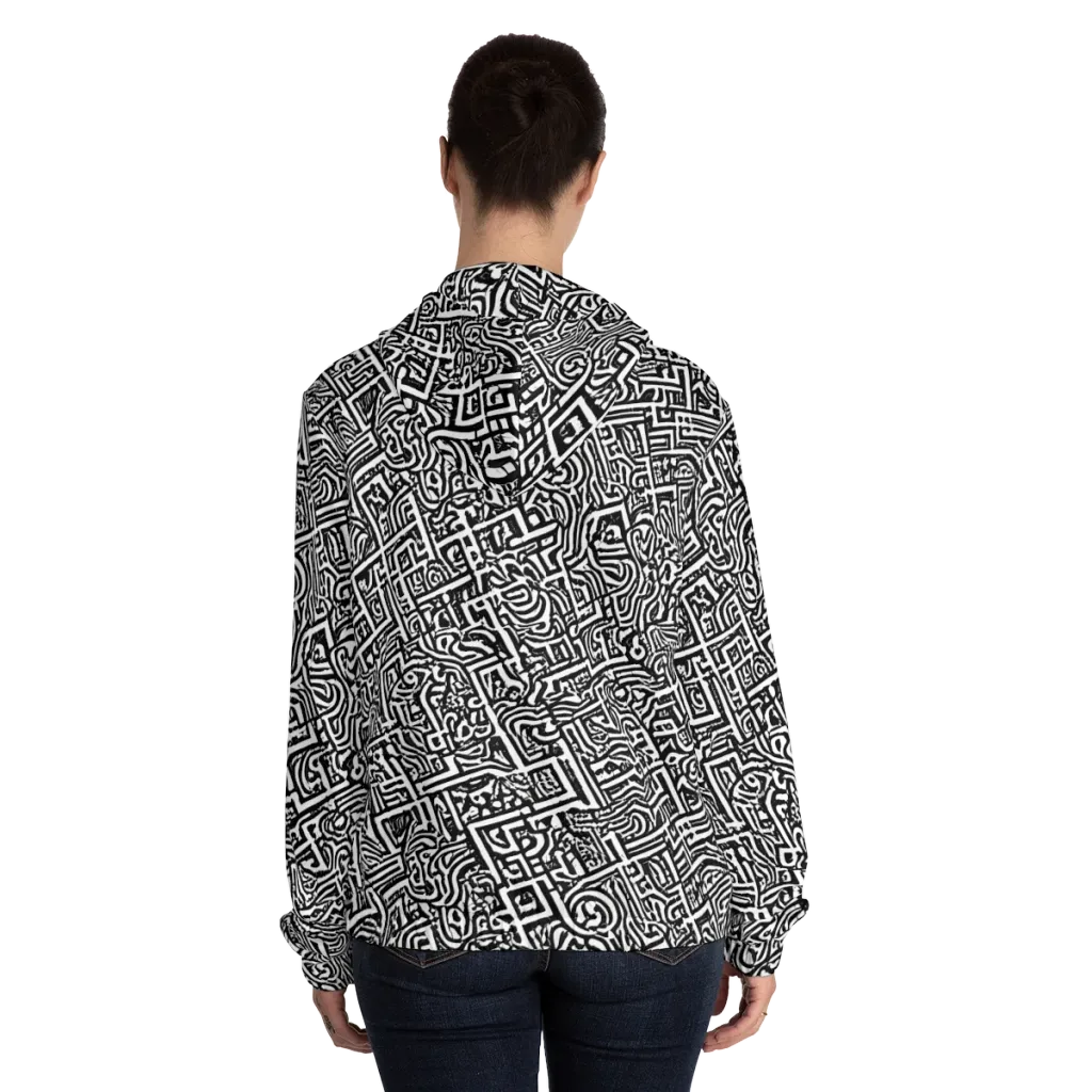 Monochrome Doodles on Women's Full-Zip Hoodie — Back On Person