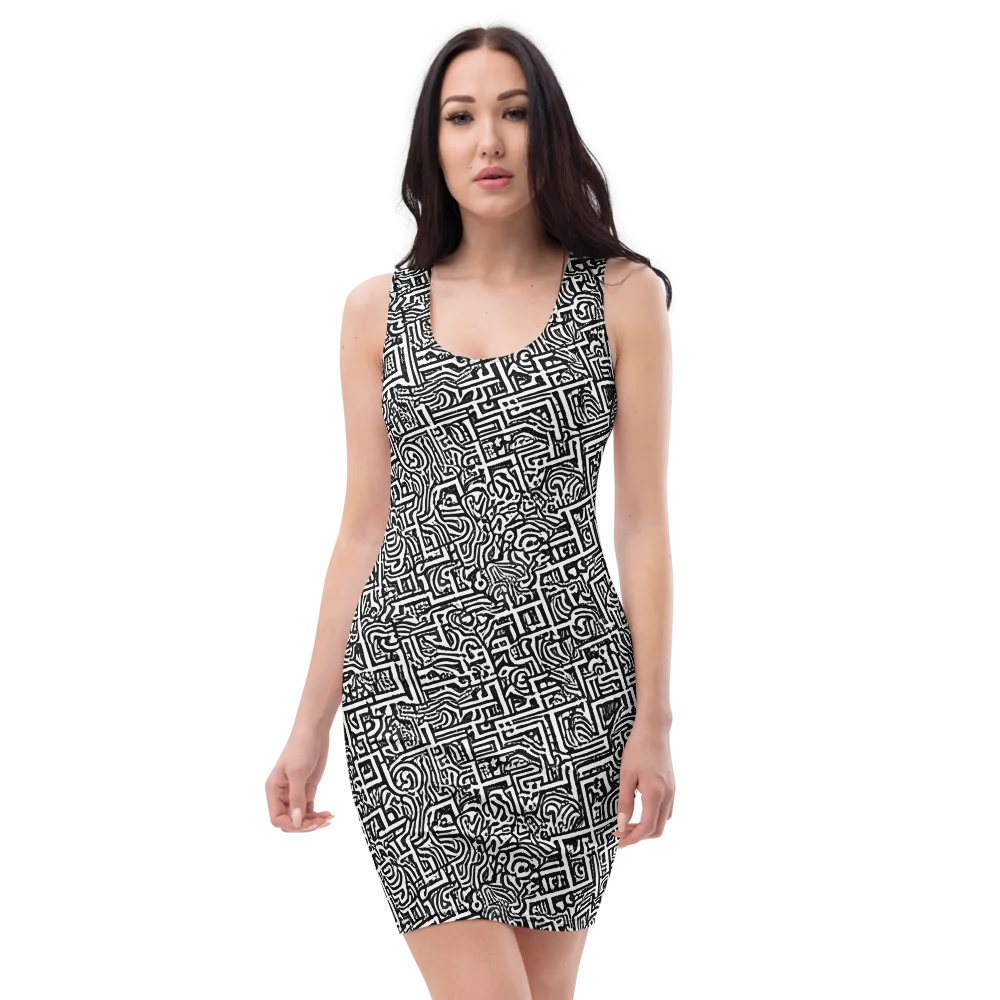 Monochrome Doodles on Bodycon Dress — Front