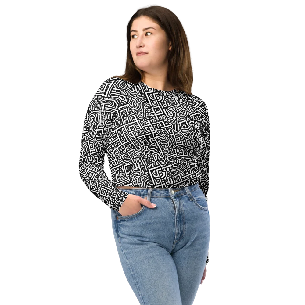 Monochrome Doodles on Long Sleeve Crop Top — Front