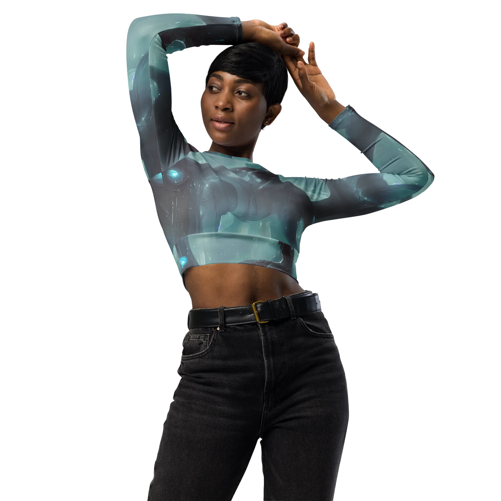 Liquid Serenity on Long Sleeve Crop Top — Front