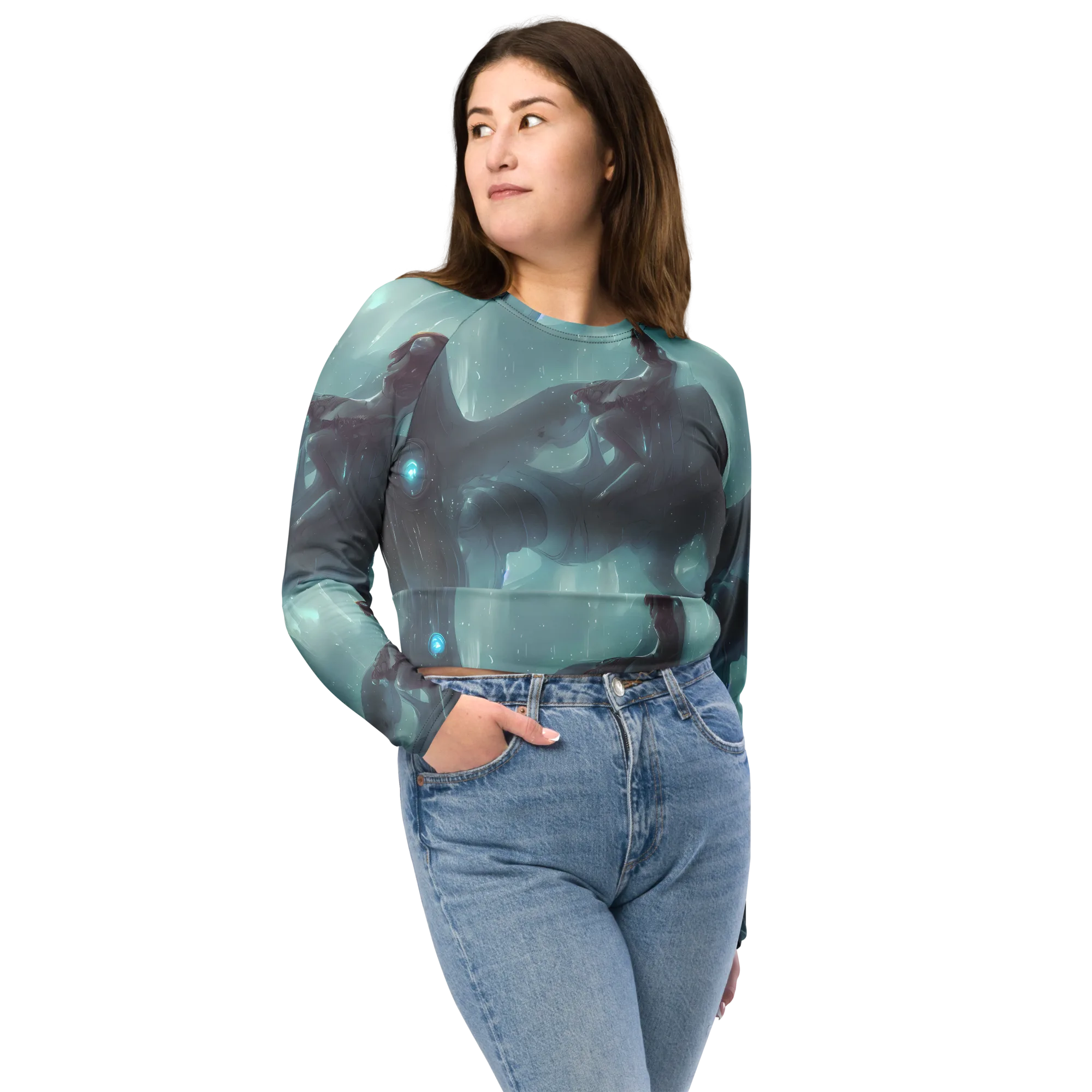 Liquid Serenity on Long Sleeve Crop Top — Front