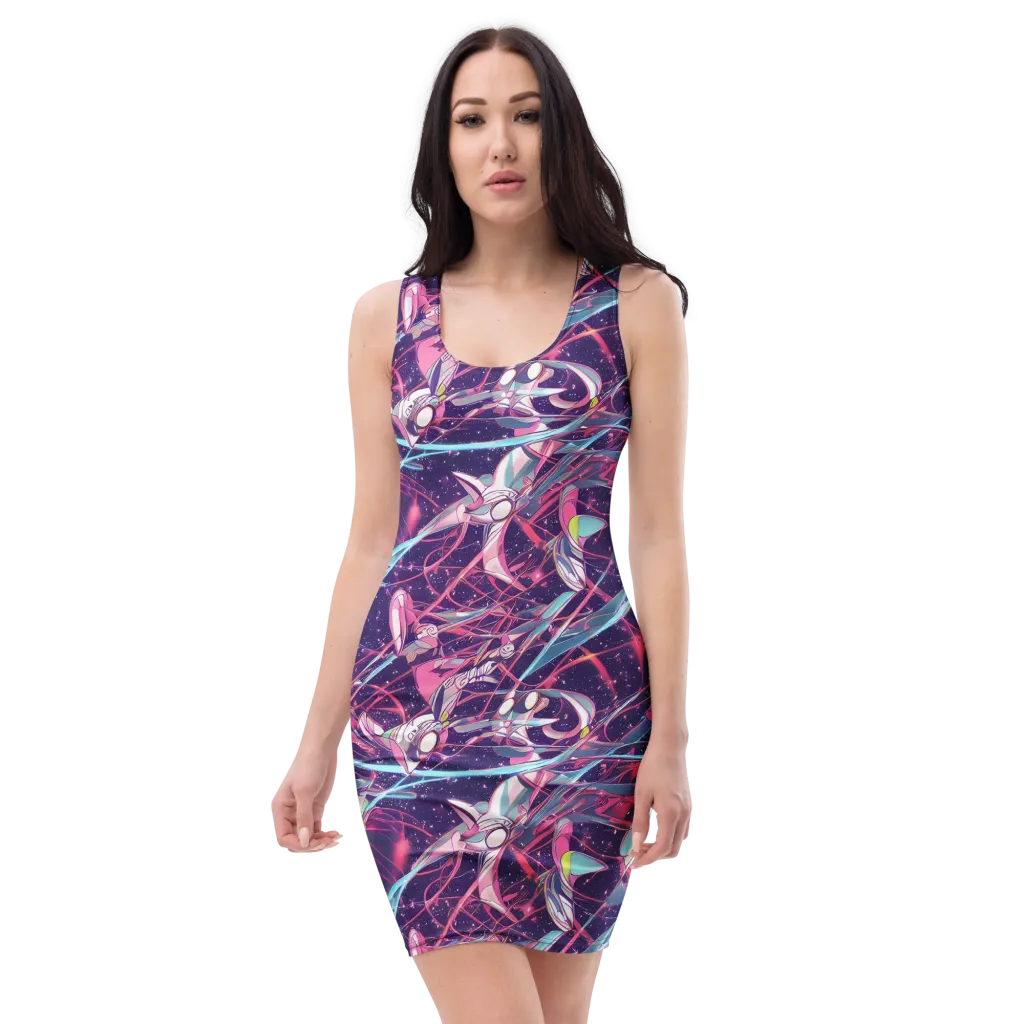 Neo-Tokyo Twirl on Bodycon Dress — Front