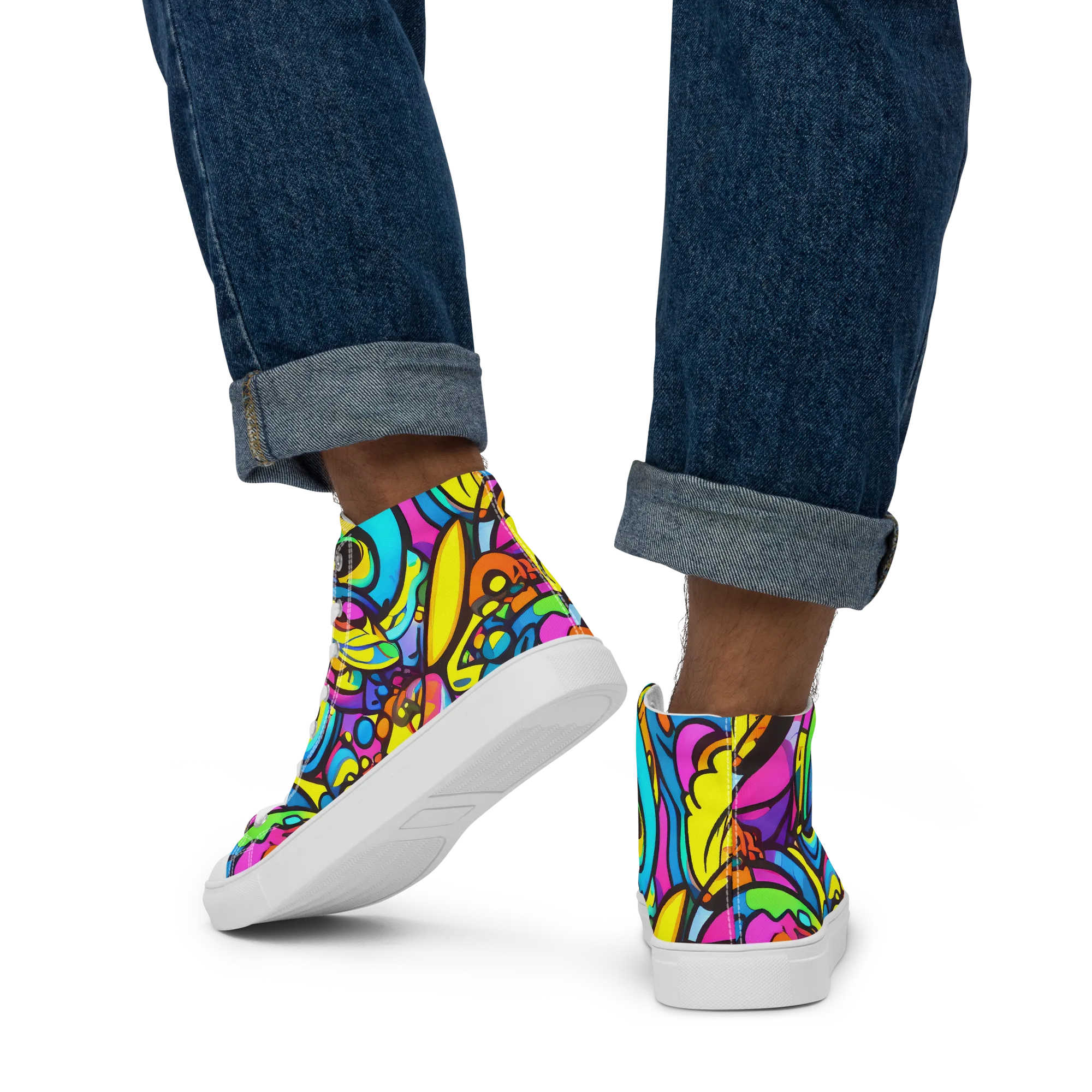 Kaleidoscopic Flow on Men's High Top Canvas Shoes — Back
