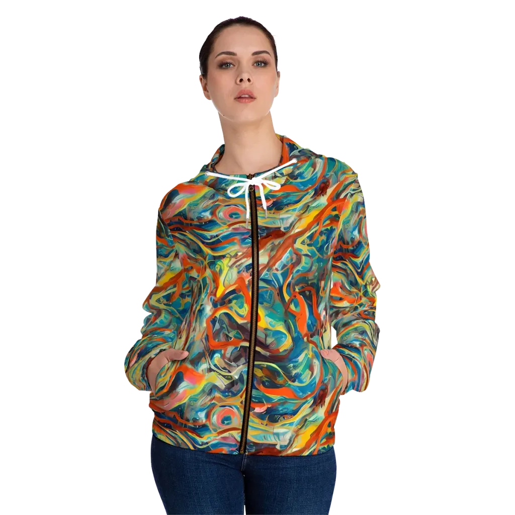 Fluid Firestorm on Women's Full-Zip Hoodie — Front On Person