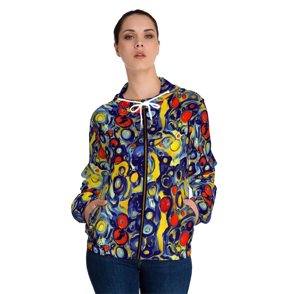 Dynamic Doodles on Women's Full-Zip Hoodie — Front On Person