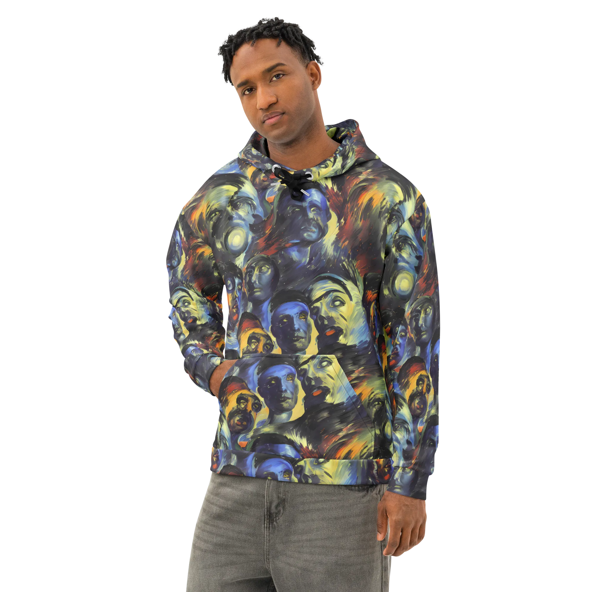 Cosmic Visages on Cotton Hoodie — Left Front