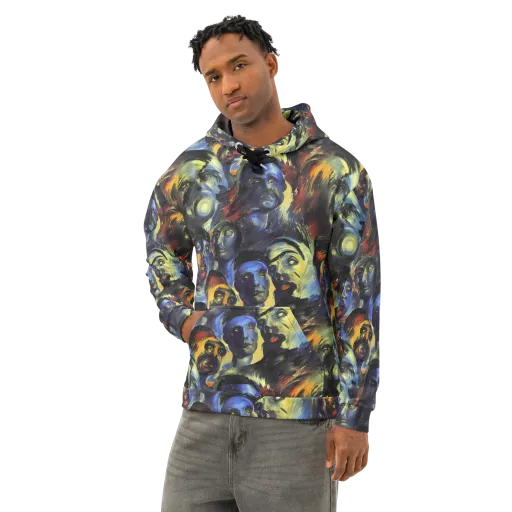 Cosmic Visages on a Cotton Hoodie