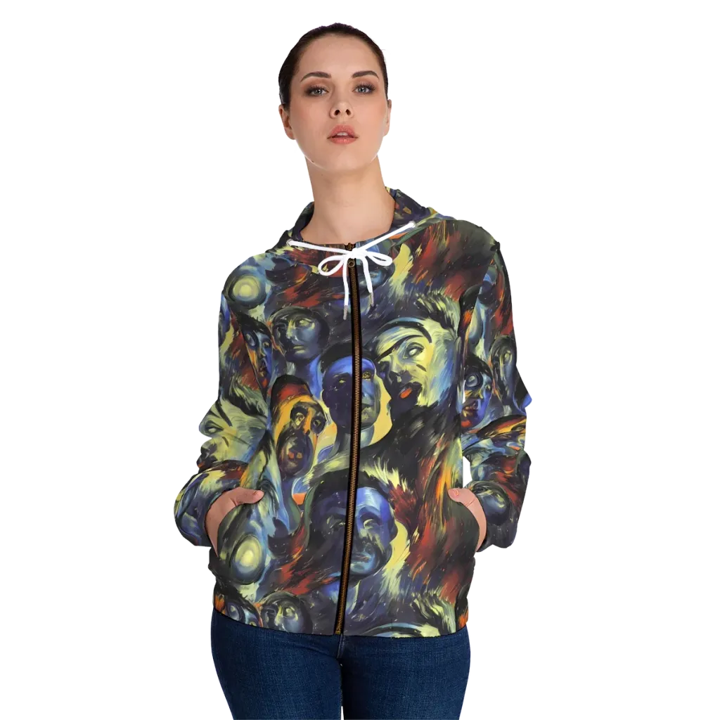 Cosmic Visages on Women's Full-Zip Hoodie — Front On Person