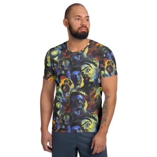Cosmic Visages on a Men's Athletic T-Shirt