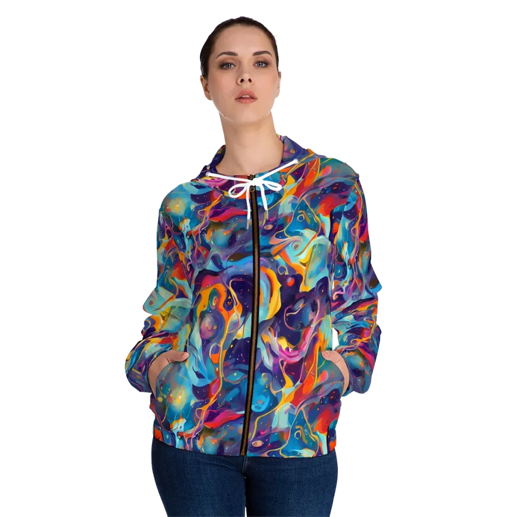 Whimsical Fusion on Women's Full-Zip Hoodie — Front On Person