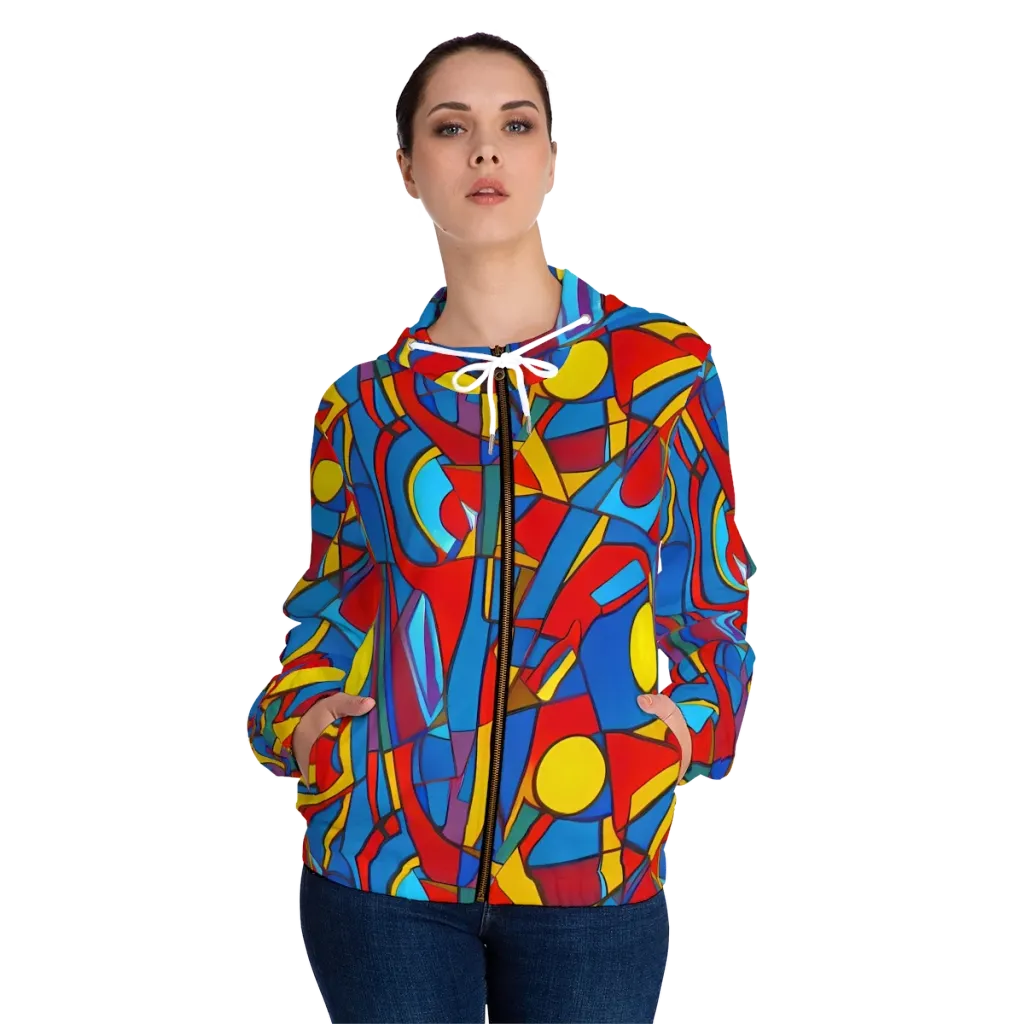 Mondrian Maze on Women's Full-Zip Hoodie — Front On Person