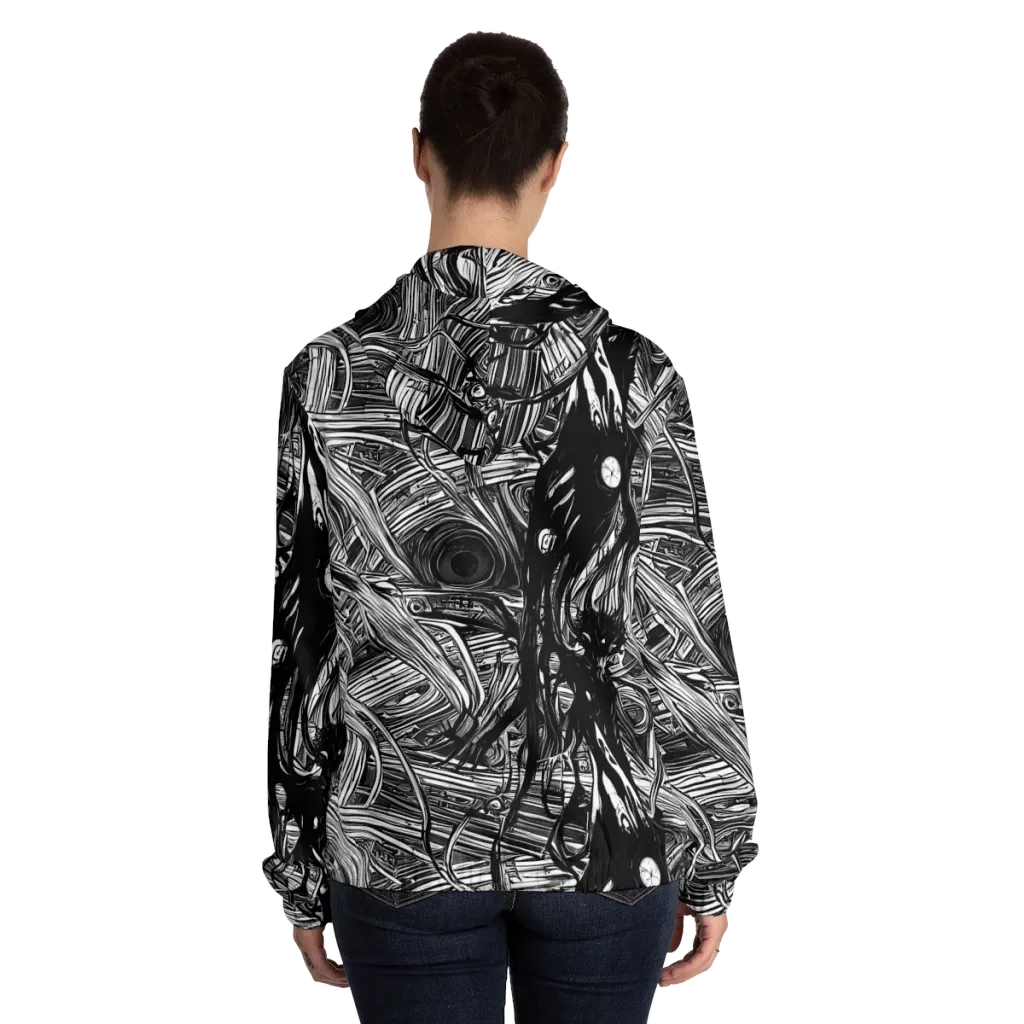 Mesmeric Tangles on Women's Full-Zip Hoodie — Back On Person