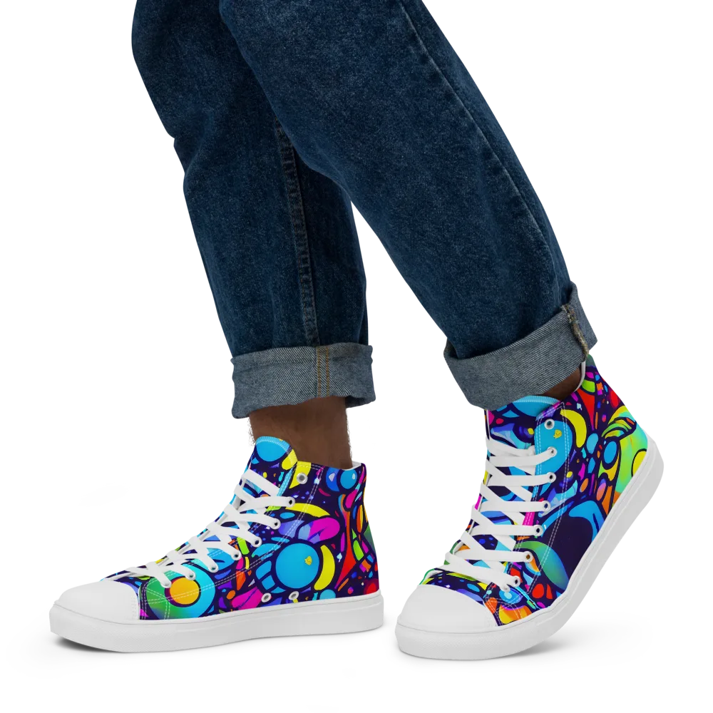 Neon Graffscape on Men's High Top Canvas Shoes — Left