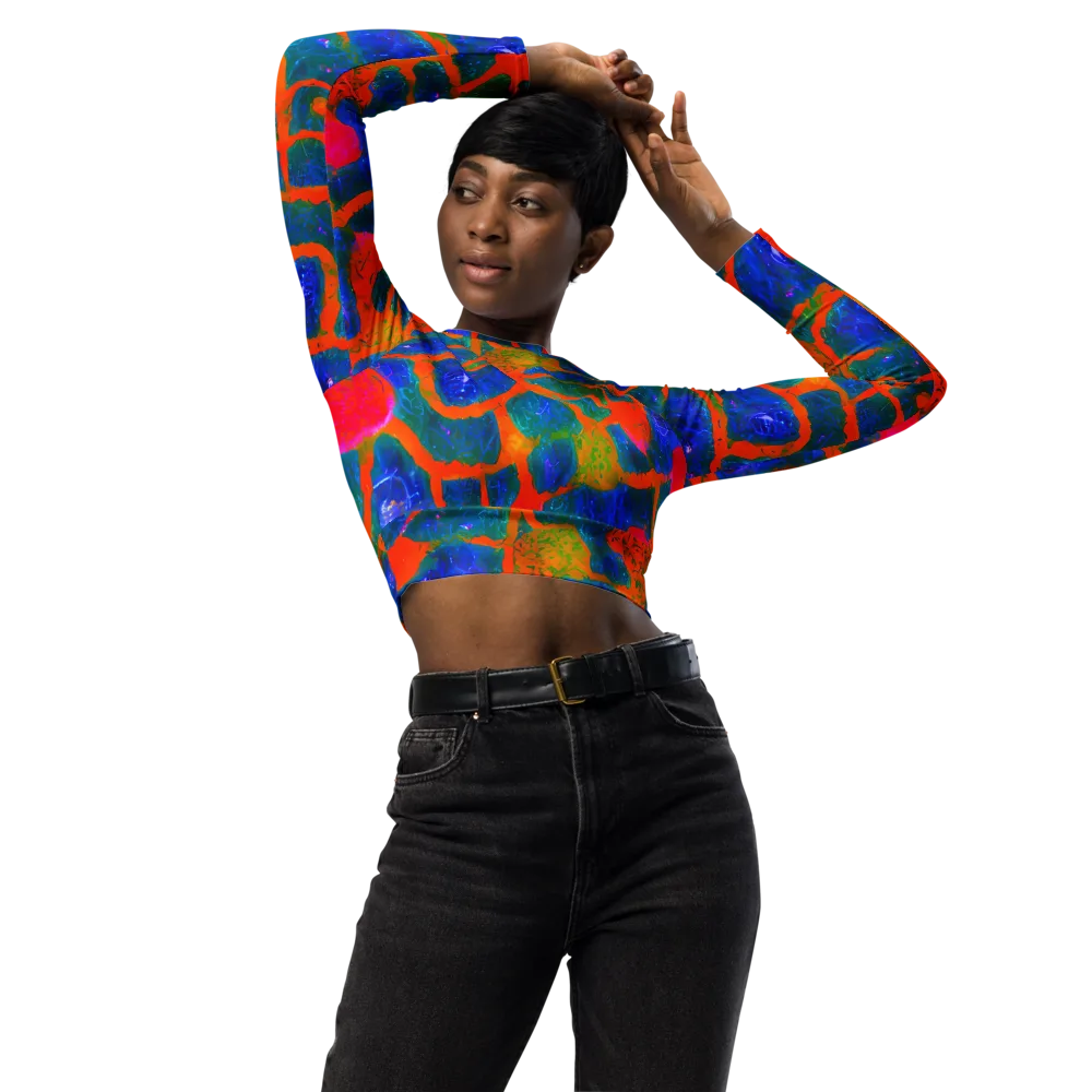 Vibrant Mosaic on Long Sleeve Crop Top — Front