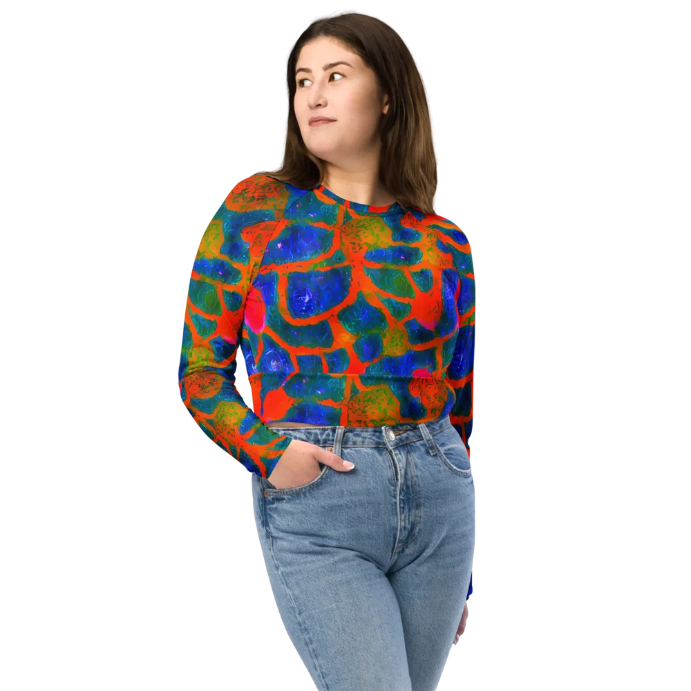 Vibrant Mosaic on Long Sleeve Crop Top — Front