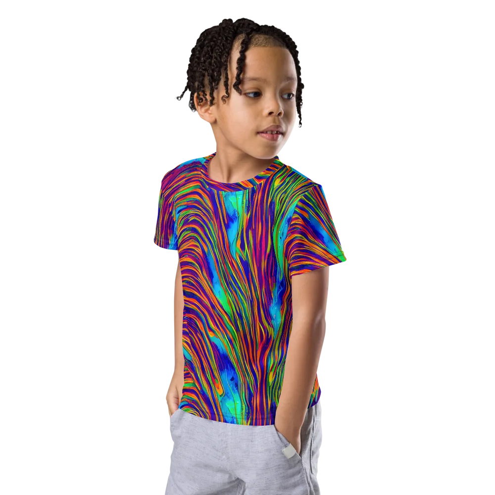 Lux Waves on Kids Crew Neck T-Shirt — Left Front