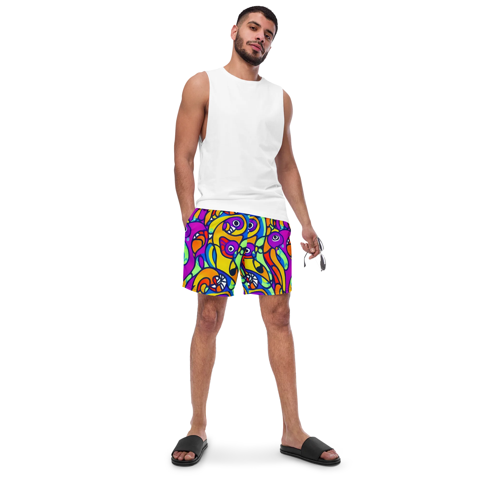 Kaleido Fish on Swim Trunks — Front