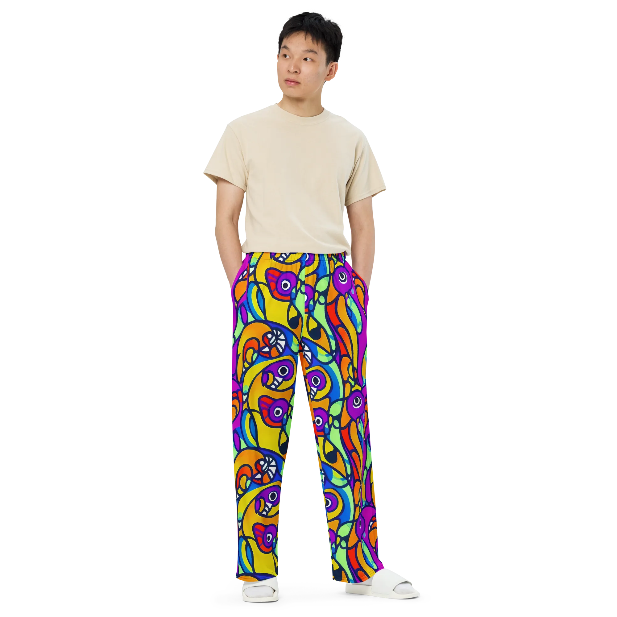 Kaleido Fish on Wide-Leg Pants — Front