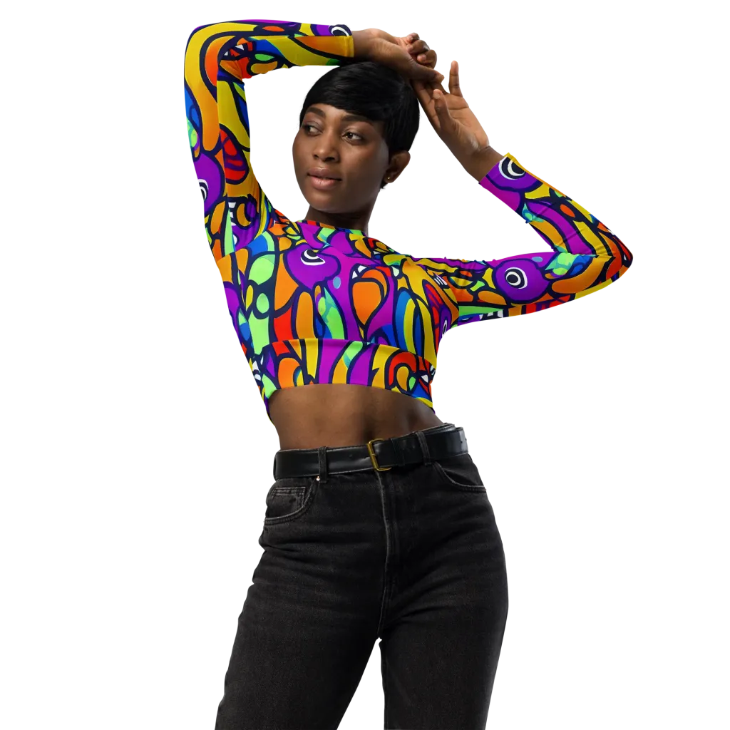 Kaleido Fish on Long Sleeve Crop Top — Front