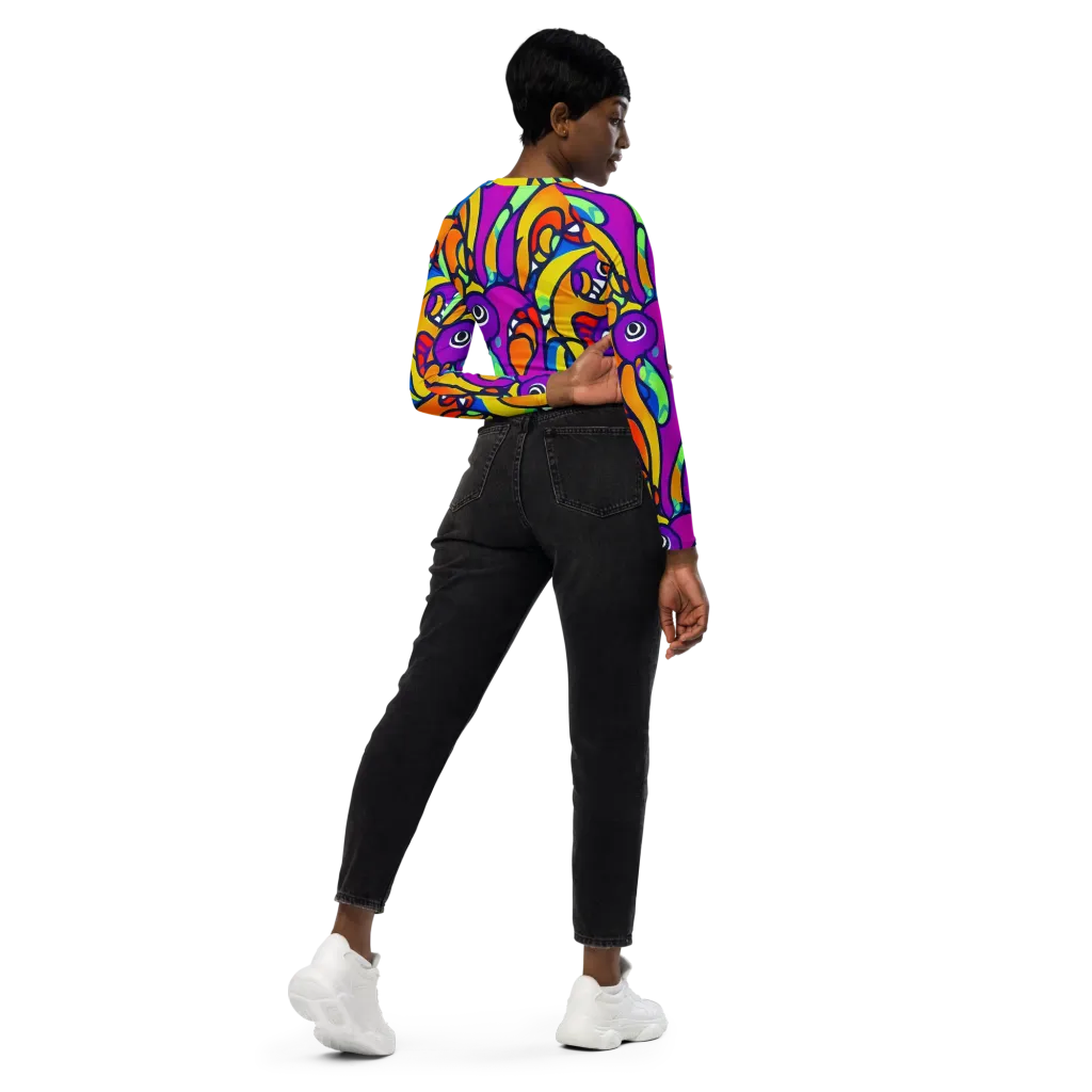 Kaleido Fish on Long Sleeve Crop Top — Right Back