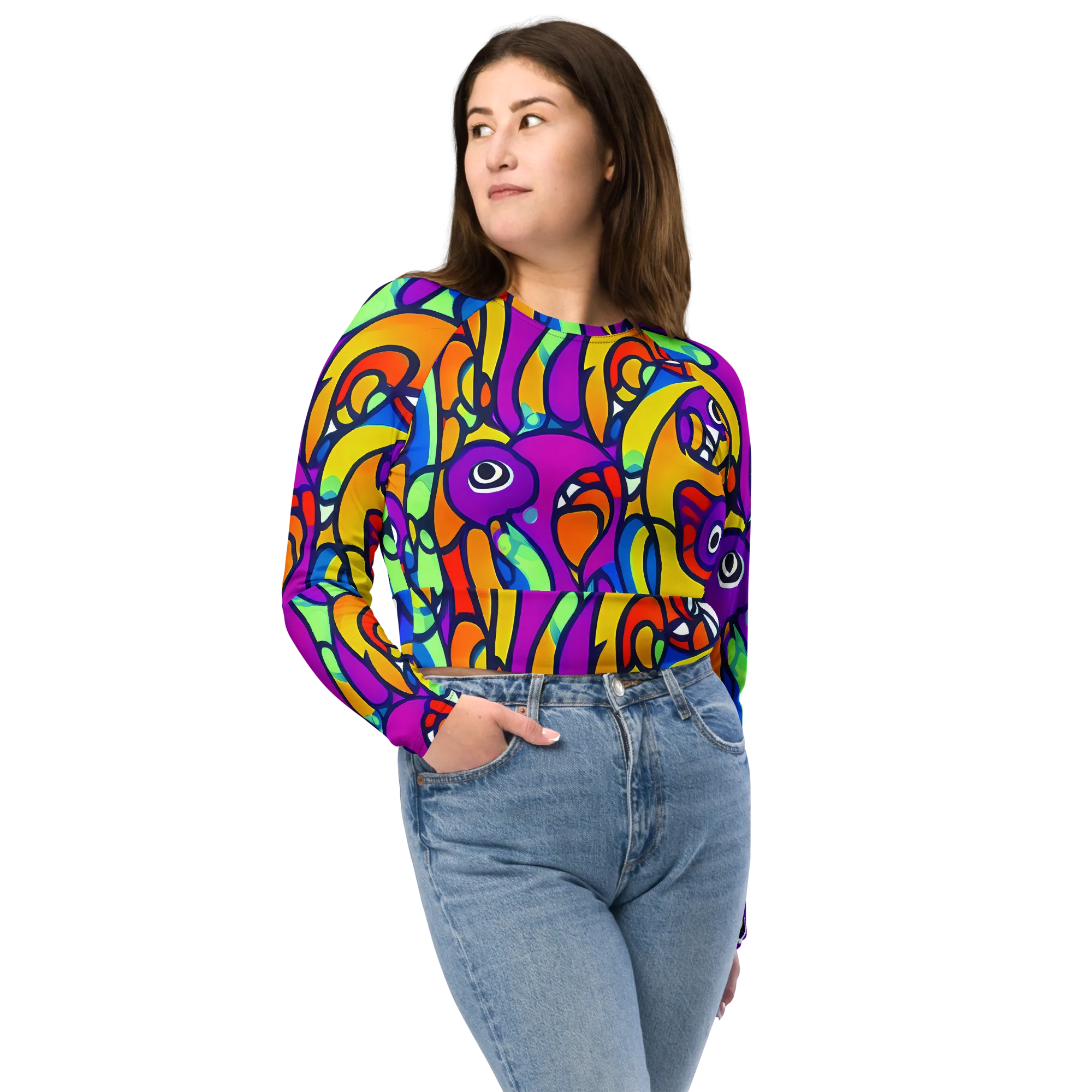 Kaleido Fish on Long Sleeve Crop Top — Front