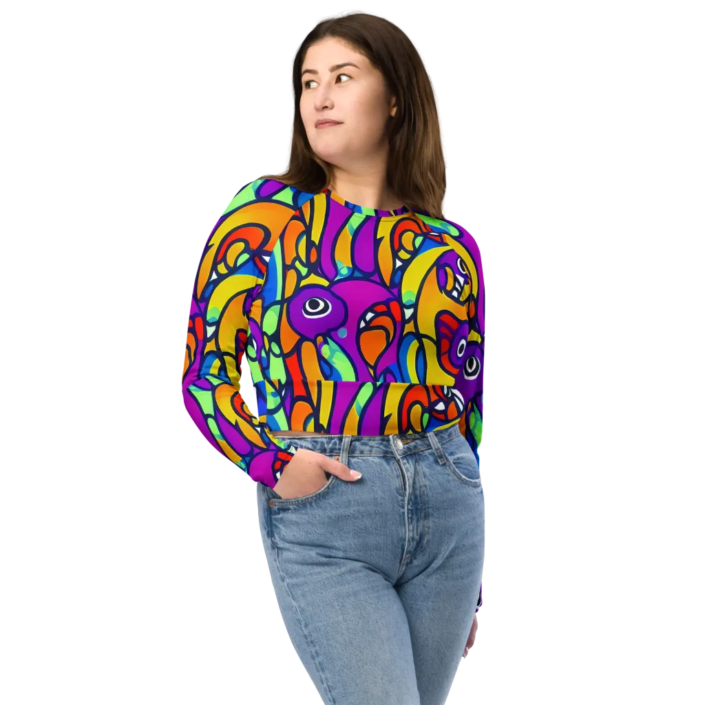 Kaleido Fish on Long Sleeve Crop Top — Front