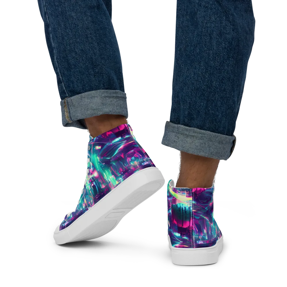 Synthwave Surge on Men's High Top Canvas Shoes — Back