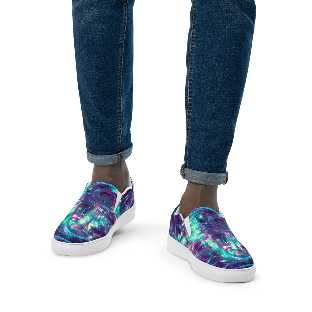 Synthwave Surge on Men's Slip-On Canvas Shoes — Front