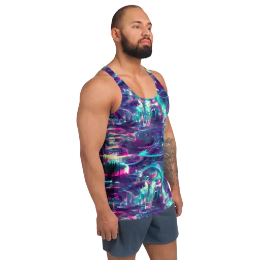 Synthwave Surge on a Men's Tank Top