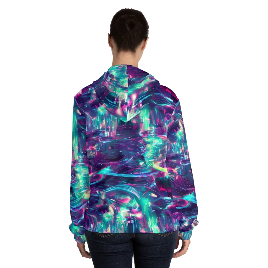 Synthwave Surge on Women's Full-Zip Hoodie — Back On Person